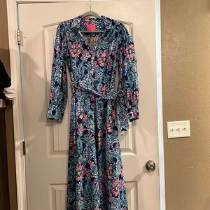 LILLY PULITZER LONGSLEEVE MAXI BEAUTIFUL DRESS SIZE 12 BLUE TROPICAL EUC